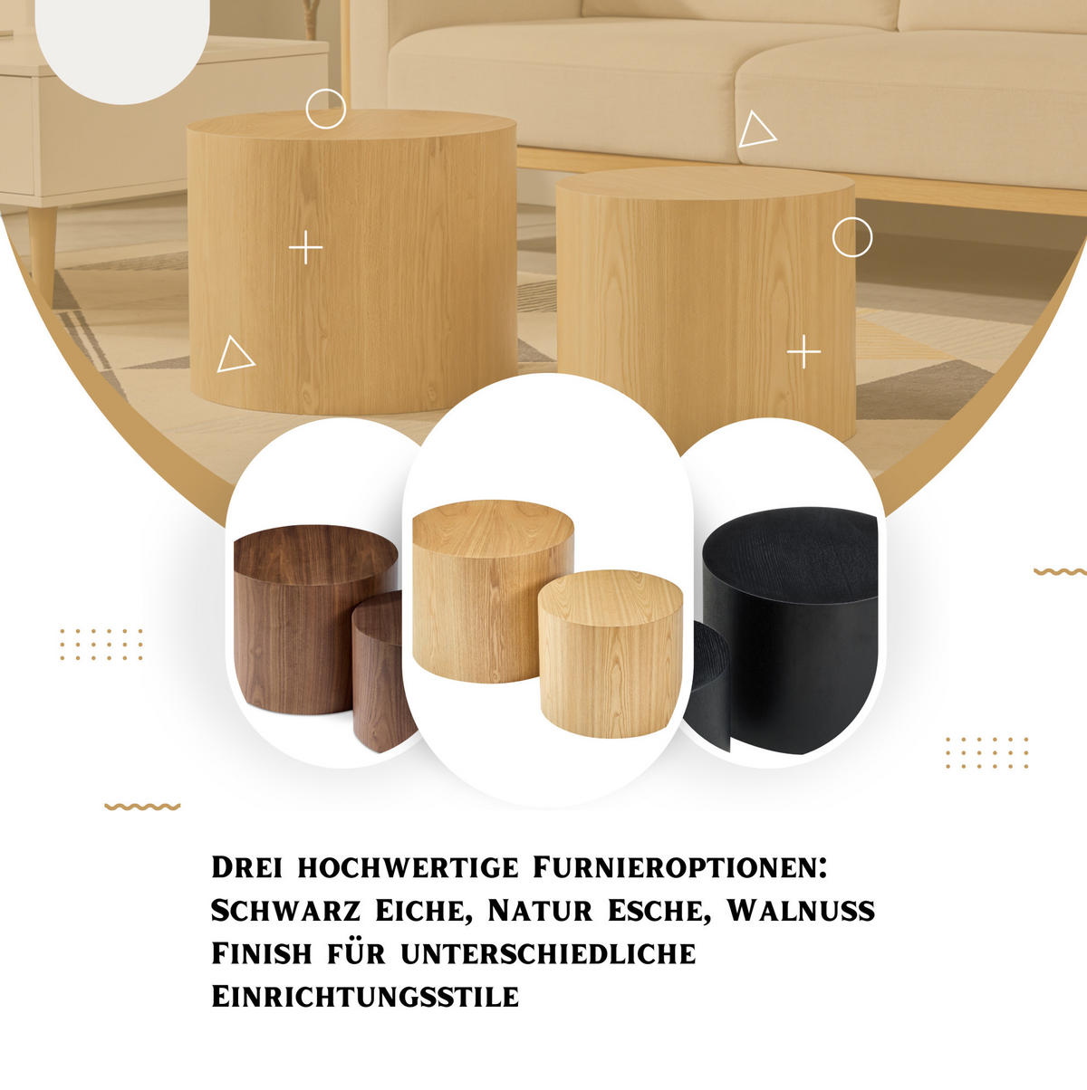 2ER Satztisch-Set 48/48/38 und 38/38/32 cm platzsparend ineinanderstellbar mit kratzfester Oberfläche, Natur - Naturfarben, Holzwerkstoff (48/48/38cm) - Redom