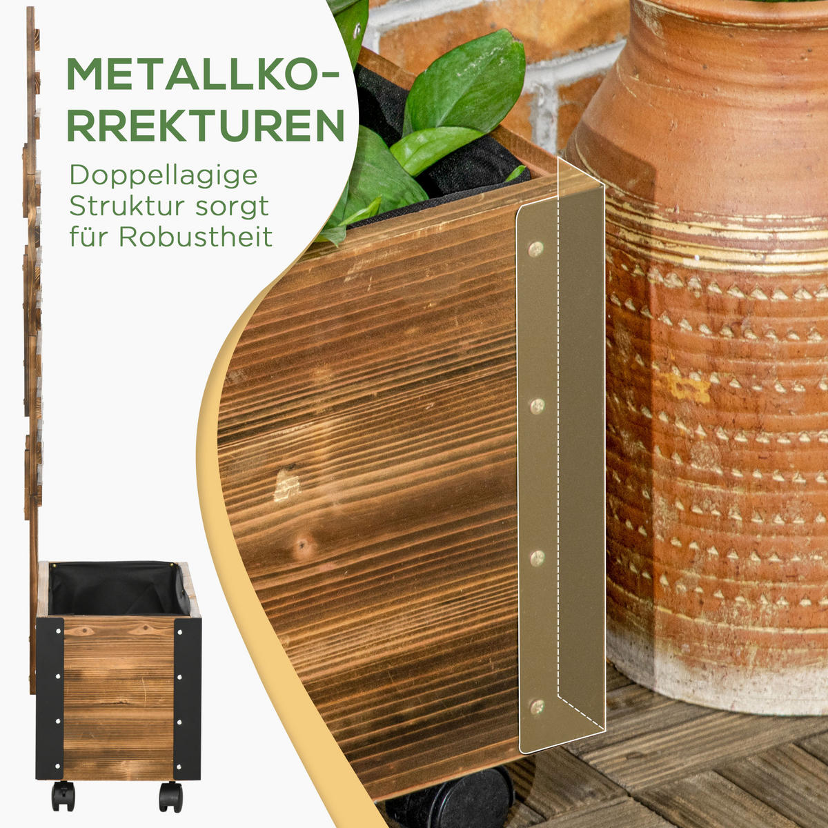 HOCHBEET mit Rankgitter, Blumenkasten mit Rollen, für Kletterpflanzen, Holz, Verkohlt - Dunkelbraun, Holz (31/147/65cm) - Outsunny