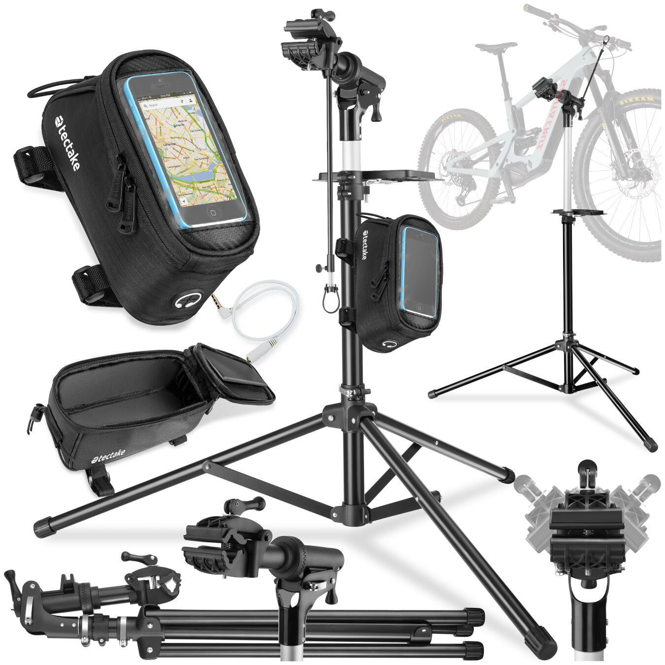 REPARATURSTÄNDER mit Rahmentasche ,wasserabweisende Rahmentasche mit Klettverschluss sowie Handyfach mit Touch-Sichtfenster,schwarz - Schwarz, Metall (120/180/138cm) - tectake