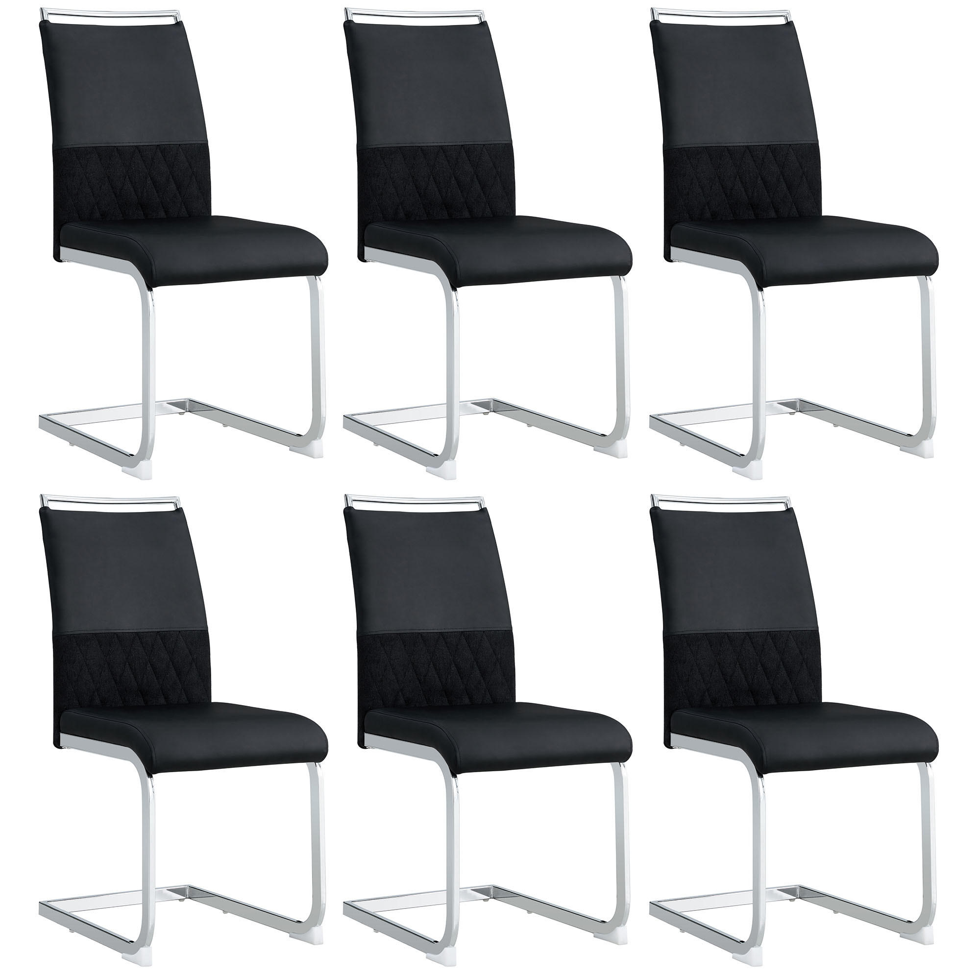 STUHL 6er Set mit ergonomischer Rückenlehne, Kunstleder & Leinen Bezug, 7 cm dicker Sitzpolsterung und Fußpolstern im modernen Design, schwarz - Schwarz, Metall (48/95/42cm) - Luhomfu