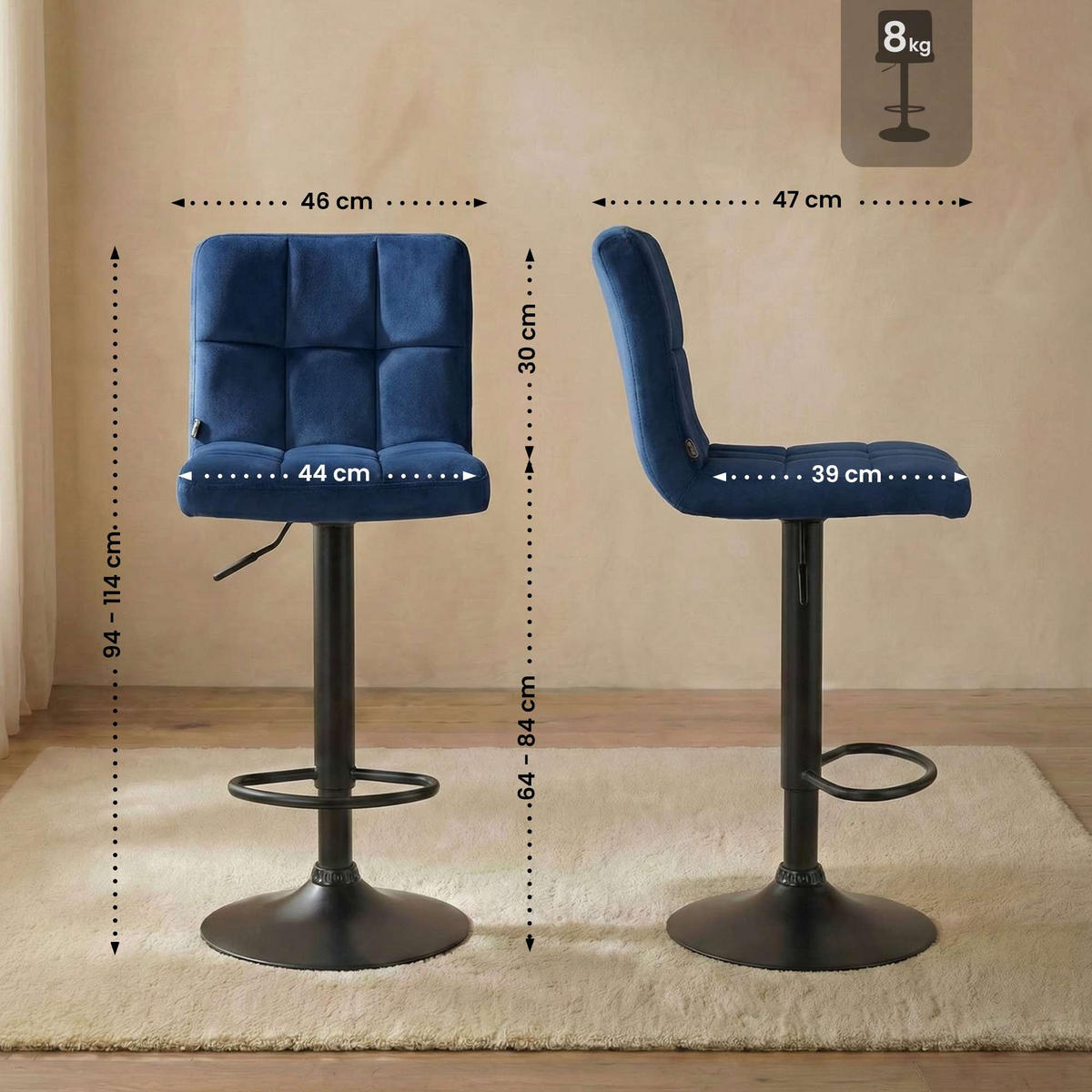 BARHOCKER Samt Blau - Blau/Schwarz, Textil/Metall (46/94/47cm) - CLP