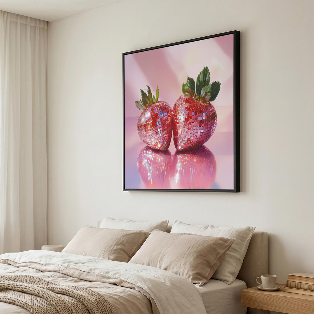 LEINWAND Bilder mit Rahmen - Disco - Obst - Glitzer - Erdbeere - 90x90 - Pink, Textil (90/90cm) - MuchoWow