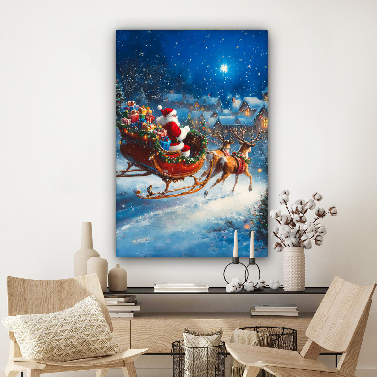 LEINWANDBILD Weihnachtsmann - Rentier - Weihnachten - Schnee Deko Groß 90x140 cm - Cognac, Textil (90/140cm) - MuchoWow