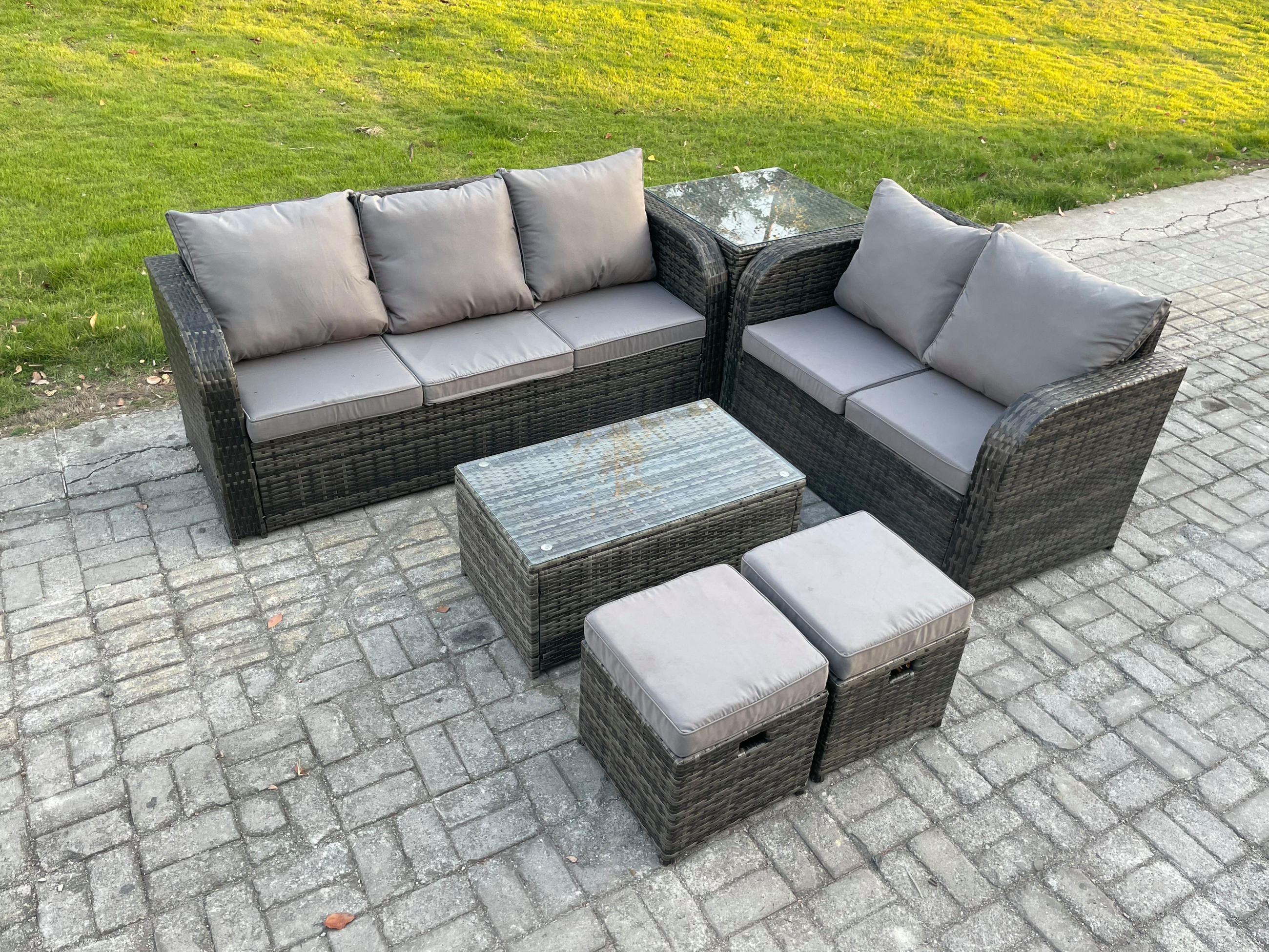 GARTENMÖBELSET mit Couchtisch Polyrattan 7-Sitzer - Dunkelgrau/Grau, Glas/Kunststoff - Fimous