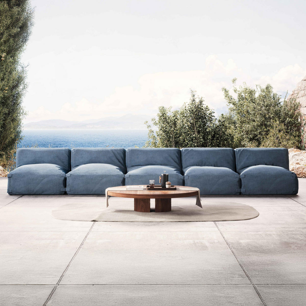 GARTENSOFA mit 5 Sitzplätzen, Pazifikblau - Blau, Textil - Oviala