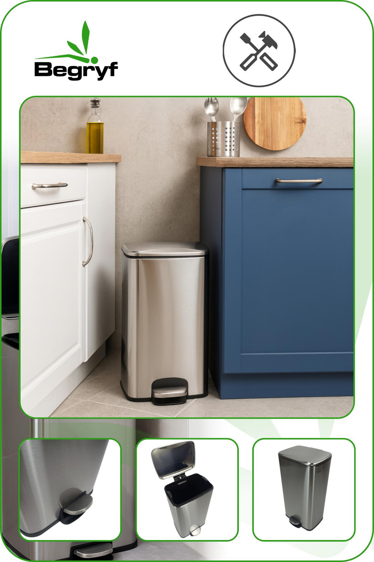 ABFALLEIMER Edelstahl, 35L, 1-Kammer, mit Fußpedal - Silberfarben/Schwarz, Metall (34/61/24cm) - Begryf