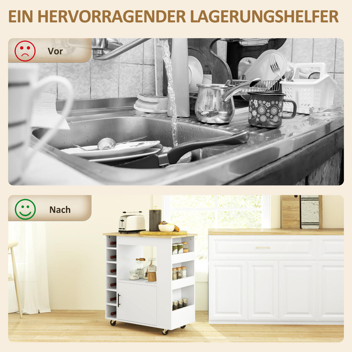 KÜCHENWAGEN mit Arbeitsplatte, 83x40x83cm, Eiche - Eichefarben, Holz (83/83/40cm) - HOMCOM