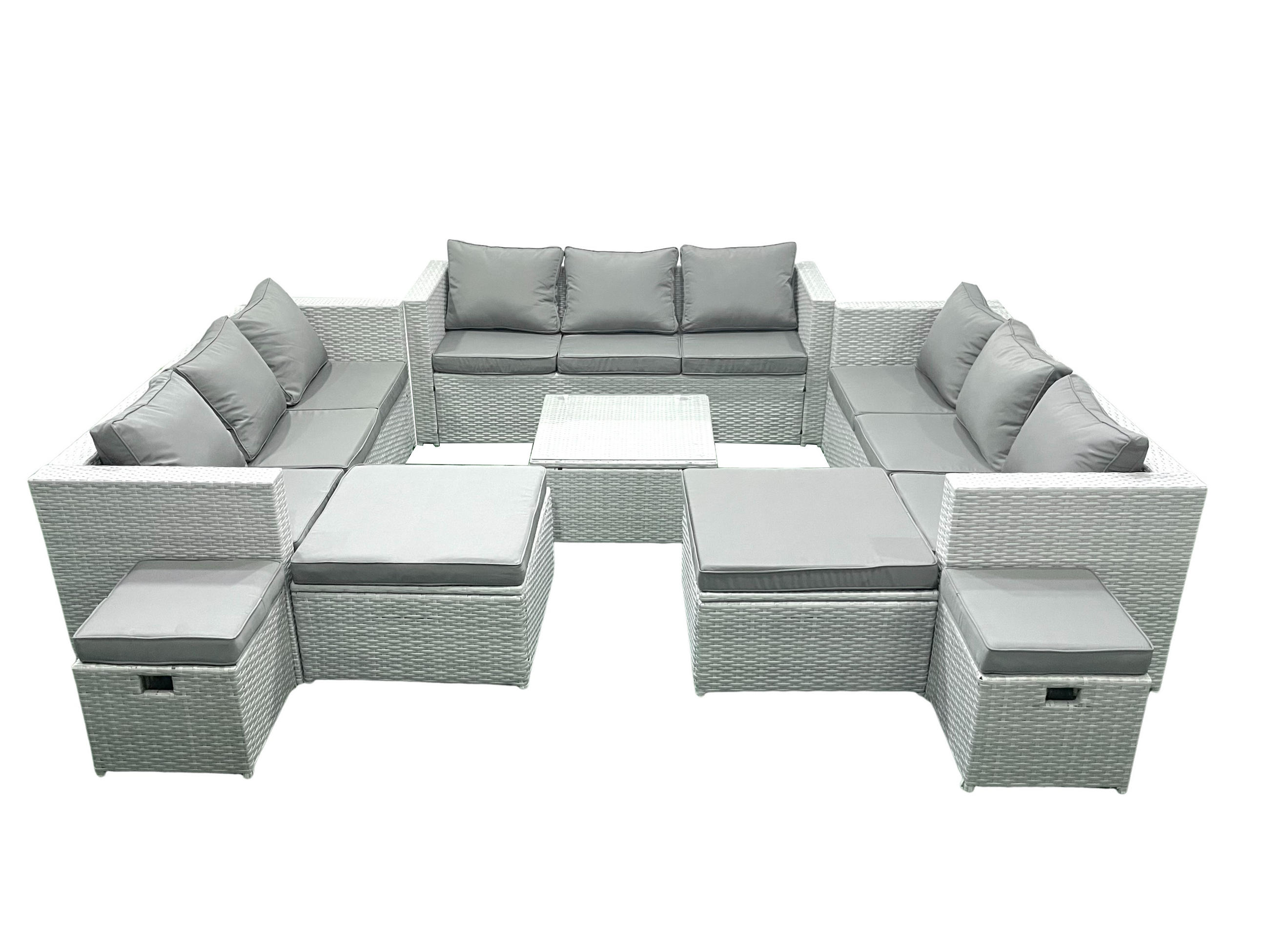 GARTENMÖBELSET mit 3-SITZER SOFA,COUCHTISCH Polyrattan Hellgrau-Mix 13-Sitzer - Hellgrau/Grau, Glas/Kunststoff - Fimous