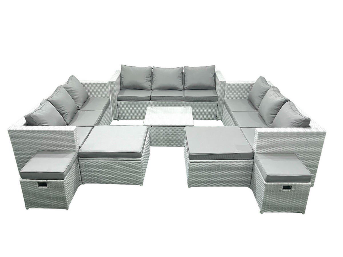 GARTENMÖBELSET mit 3-SITZER SOFA,COUCHTISCH Polyrattan Hellgrau-Mix 13-Sitzer - Hellgrau/Grau, Glas/Kunststoff - Fimous