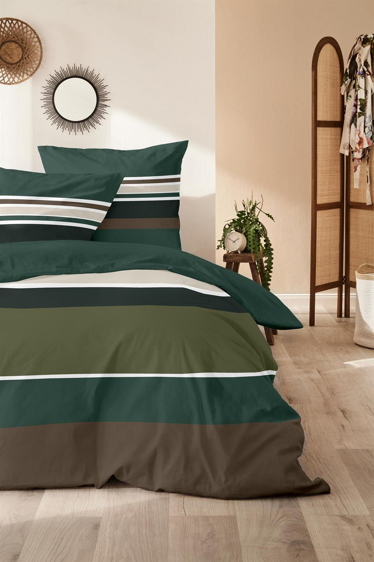 BIBER-BETTWÄSCHE 135x200 - Kuschelig warmer Flanell Bettbezug aus 100% Baumwolle für Herbst & Winter - Streifen Muster Grün - Grün, Textil (135/200cm) - Carpe Sonno
