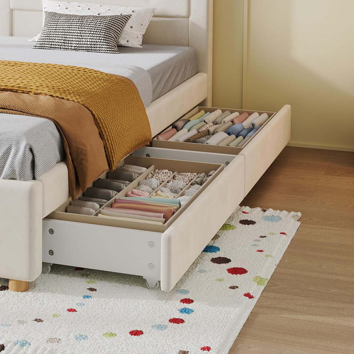 POLSTERBETT 90/200 cm in Beige mit 4 Schubladen und Haus-Kopfteil aus Samt - Beige, Textil (90/200cm) - Flora Grace