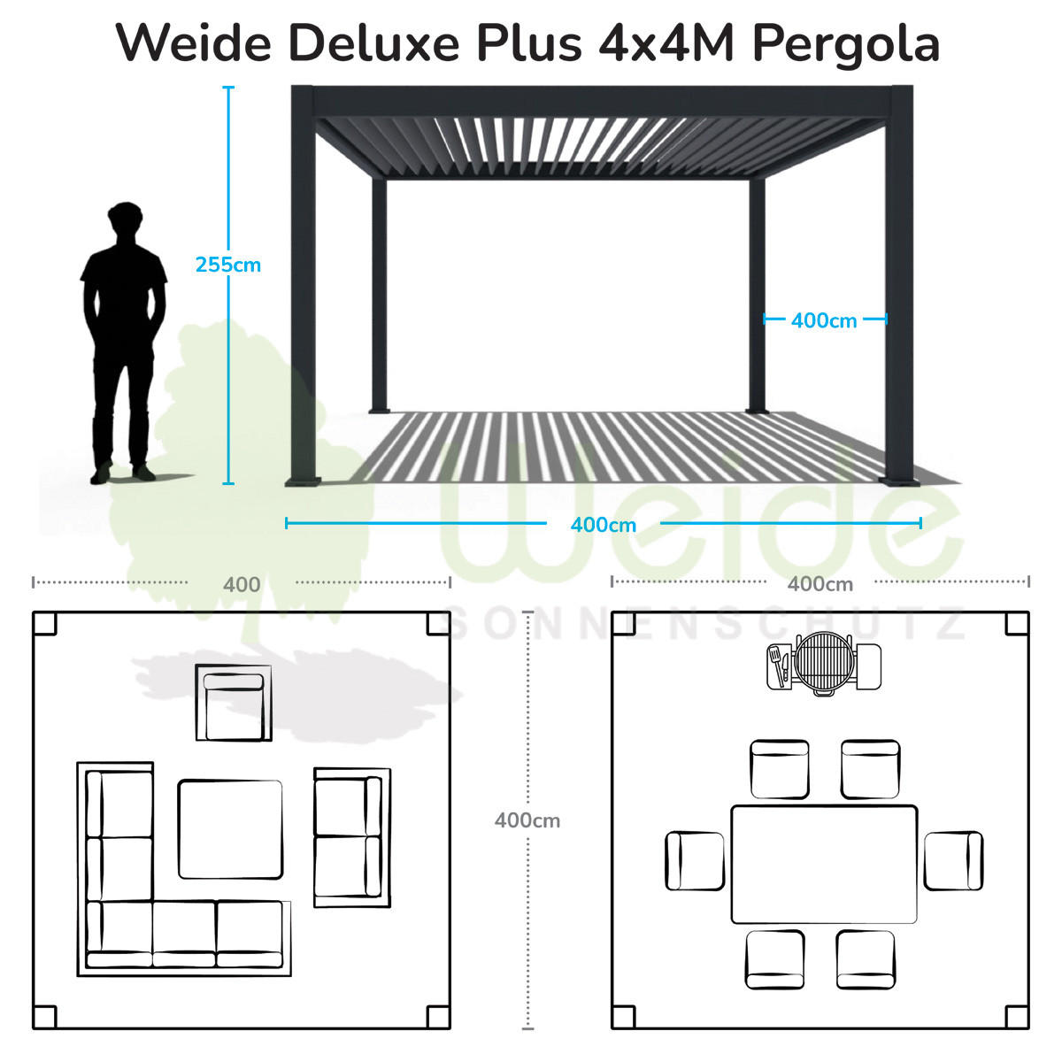 PERGOLA Deluxe Plus Elektrisch Pavillon Terrassenüberdachung Alu LED 4 x 4 M - Weiß, Metall (400/255/400cm) - WEIDE
