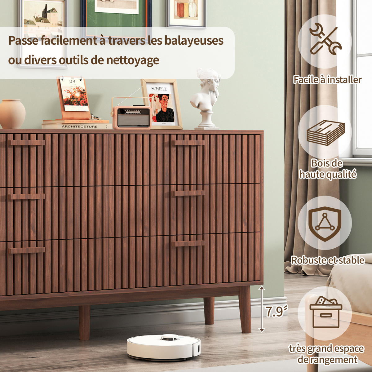 KOMMODE 100x34x73 cm 6 Schubladen geriffelt Stauraum Walnussoptik - Braun, Holz (34/73/100cm) - Fortuna Lai