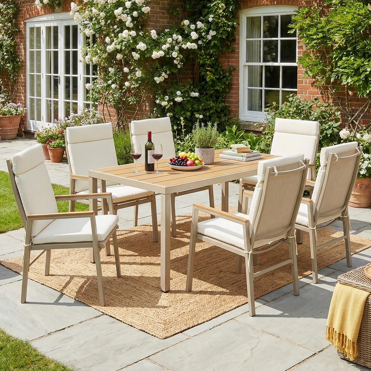 DINING-LOUNGESET für 6 Personen, bestehend aus 1 Tisch und 6 Stühlen - Beige, Textil - Coonoor
