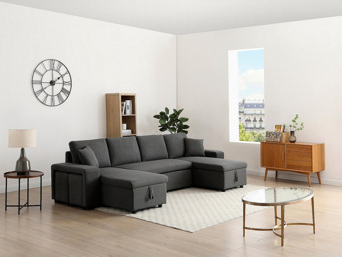PANORAMA-ECKSOFA mit Schlaffunktion & Bettkasten + Sessel – Stoff - Anthrazitgrau – SELIM - Anthrazit, Textil (310/145cm) - Vente-Unique