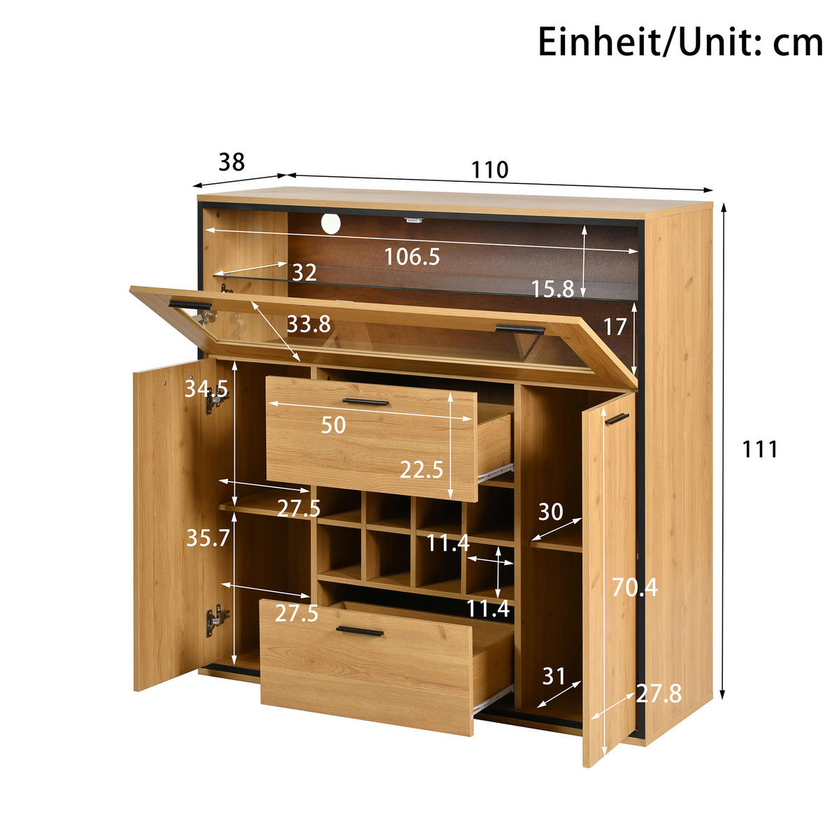 SIDEBOARD Weinschrank Glasregal Weinhalterung modern - Naturfarben, Holzwerkstoff (38/111/110cm) - FLIEKS