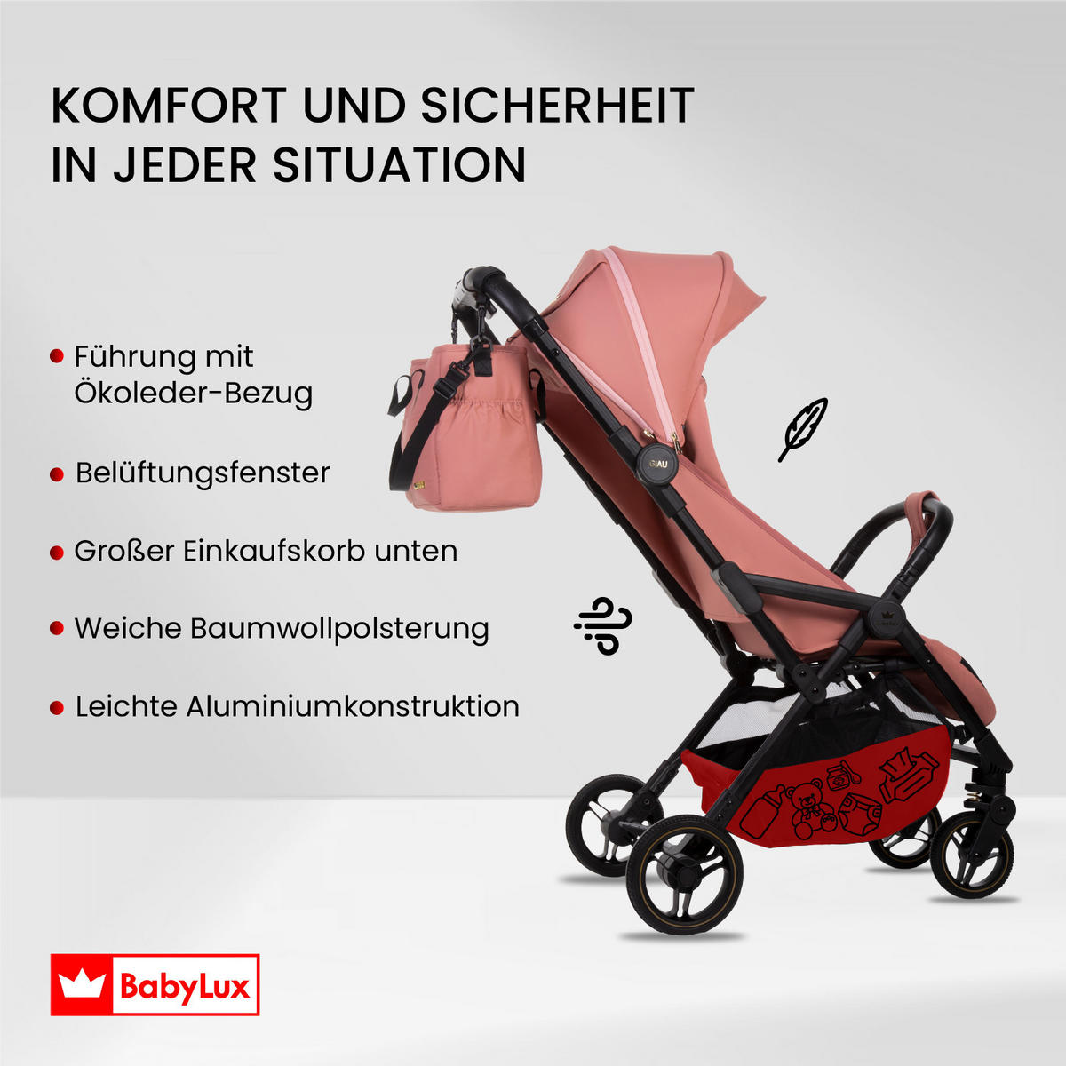 BUGGY Giau, Klein und Leicht, Teleskopische Führung, Kompakt Faltbar, Wickeltasche, Reisetasche - Schwarz/Rosa, Textil/Metall (58/98cm) - BabyLux
