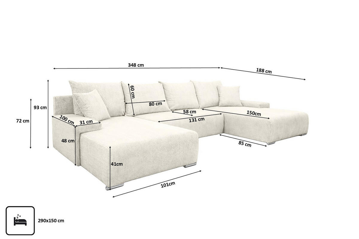 ECKSOFA U-Form Livorno Schlaffunktion Cord-Stoff Ecru - Chromfarben/Ecru, Holz/Kunststoff (348/93/188cm) - Kaiser Möbel