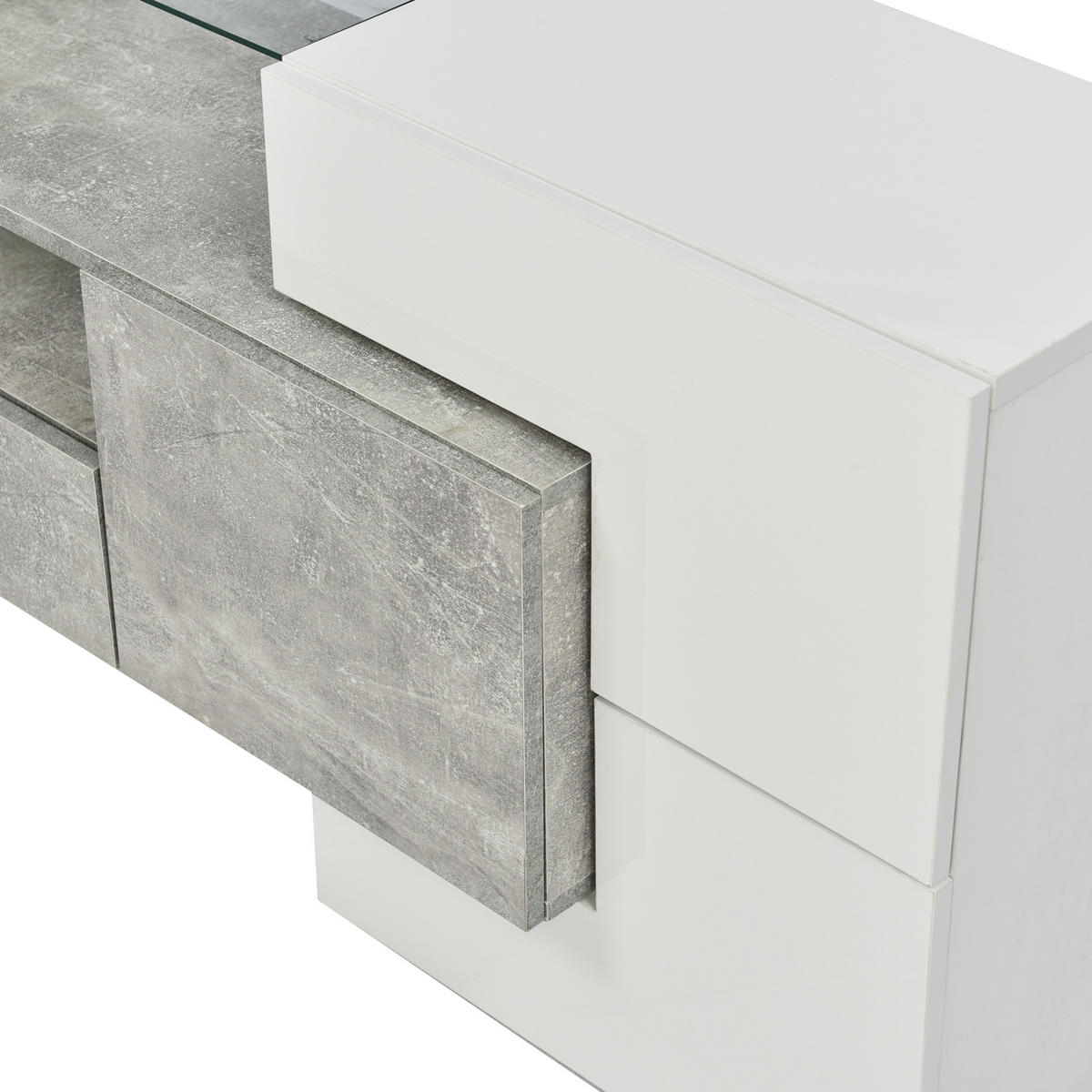 LOWBOARD 200/35/60 cm in Hochglanzweiß und Beton aus MDF mit LED-Beleuchtung - Weiß, Holzwerkstoff (30/60/200cm) - OKMYHOME
