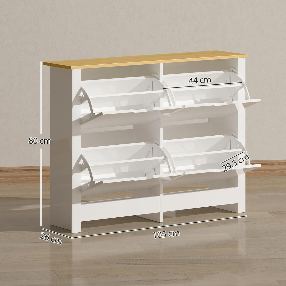 SCHUHSCHRANK,SCHMAL 4 Klappfächer 105x26x80cm,weiß+natur - Weiß, Holzwerkstoff (105/80/26cm) - Vallsero