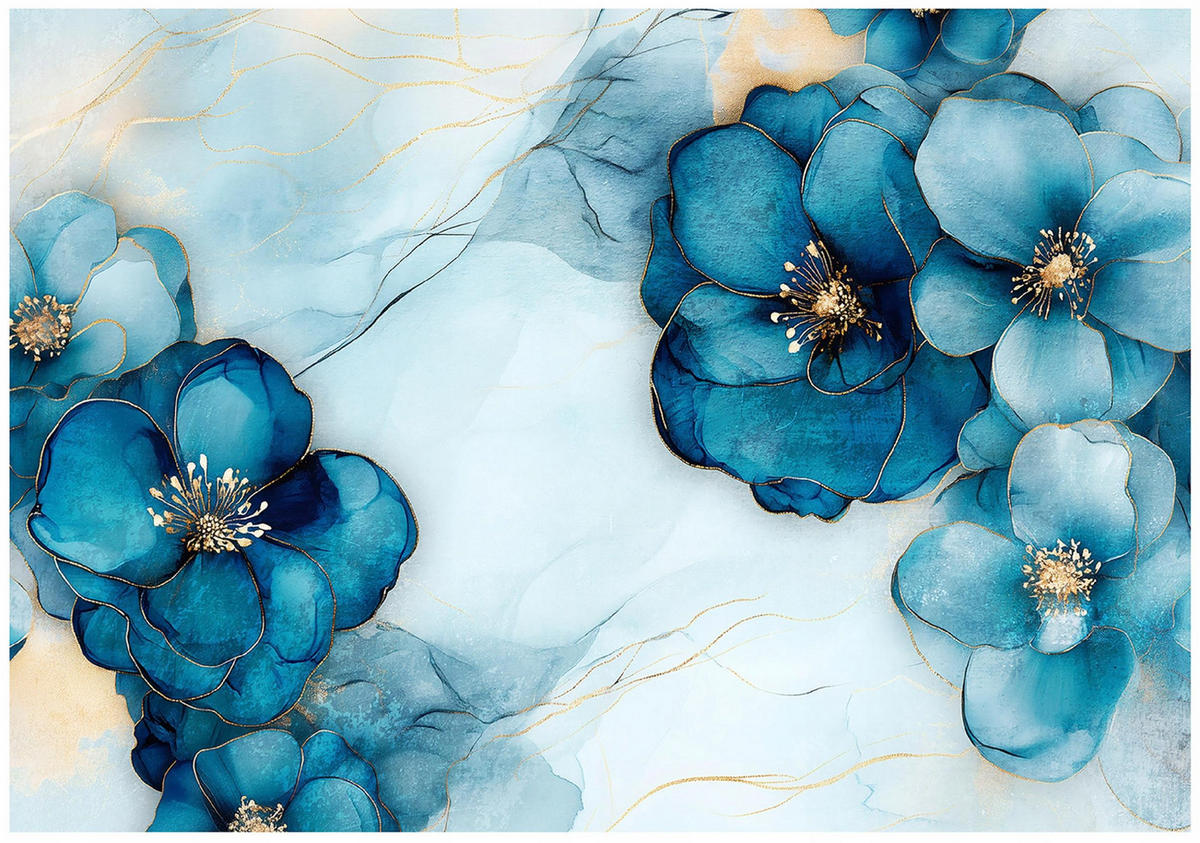 FOTOTAPETE Marmor Blumen Blau 416x254 cm - Multicolor, Papier (416/254cm) - Wallarena