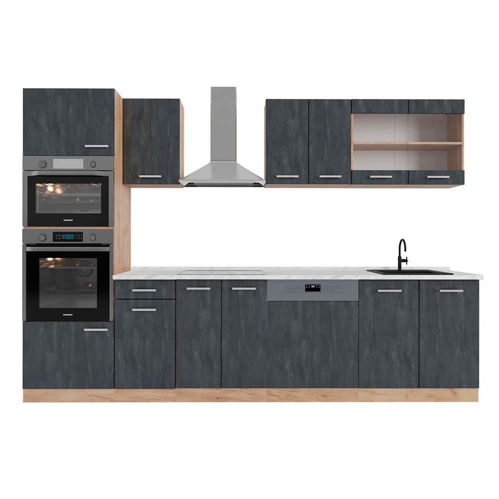 KÜCHENZEILE R-Line Schwarz Beton/Goldkraft Eiche 300 cm AP Marmor - Eiche Wotan/Schwarz, Holzwerkstoff (300/81.6/60cm) - Vicco