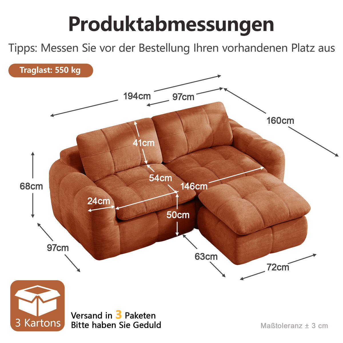 ECKSOFA DE-34464 mit Ottoman und Karostepp-Design Orange - Orange, Textil (160/194cm) - ComfortXL