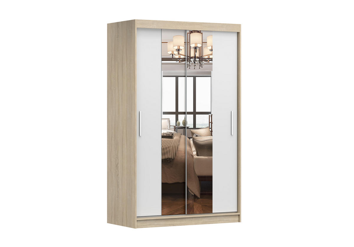 SCHIEBETÜRENSCHRANK - NOAH 01 Somona + Weiß - Weiß/Sonoma Eiche, Holzwerkstoff/Metall (120/200/61cm) - Möblo