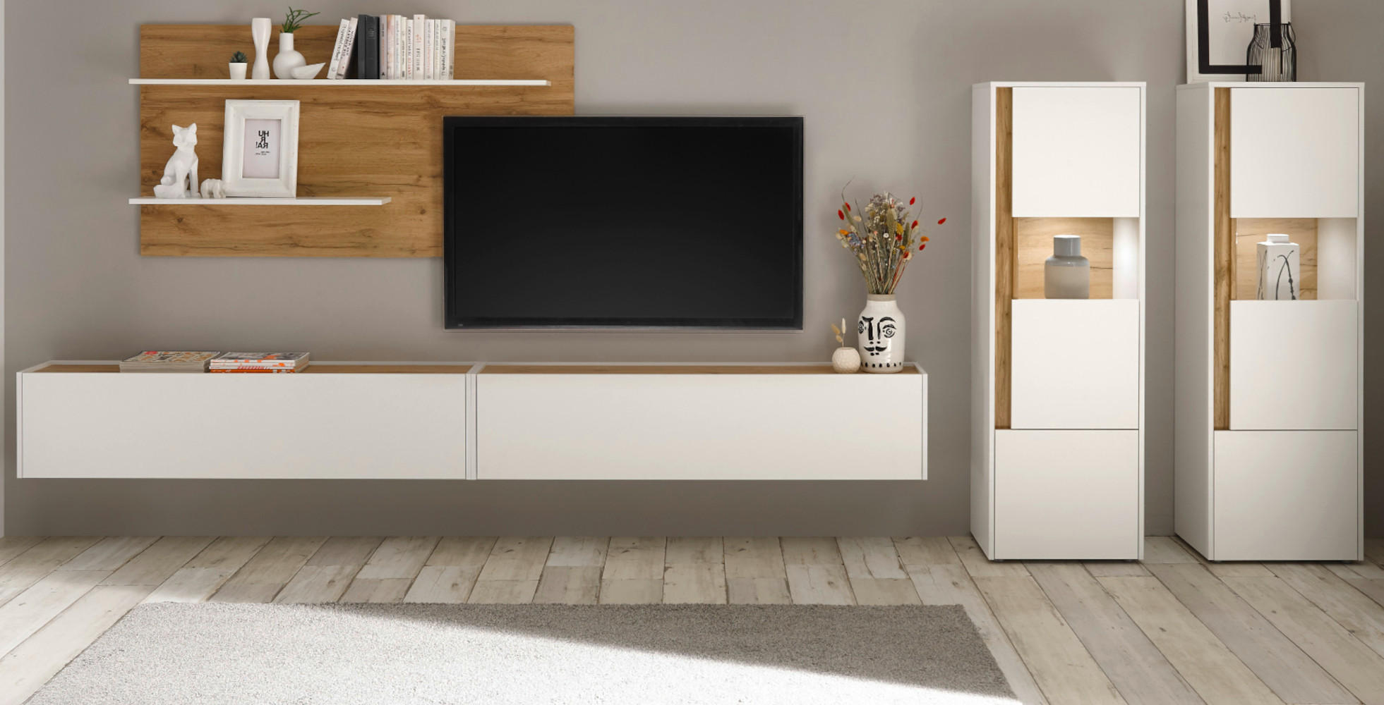 WOHNWAND weiß, Eiche Wotan 5-teilig 440 cm - Eiche Wotan/Schwarz, Glas/Holz (440/180/40cm) - Furn.Design