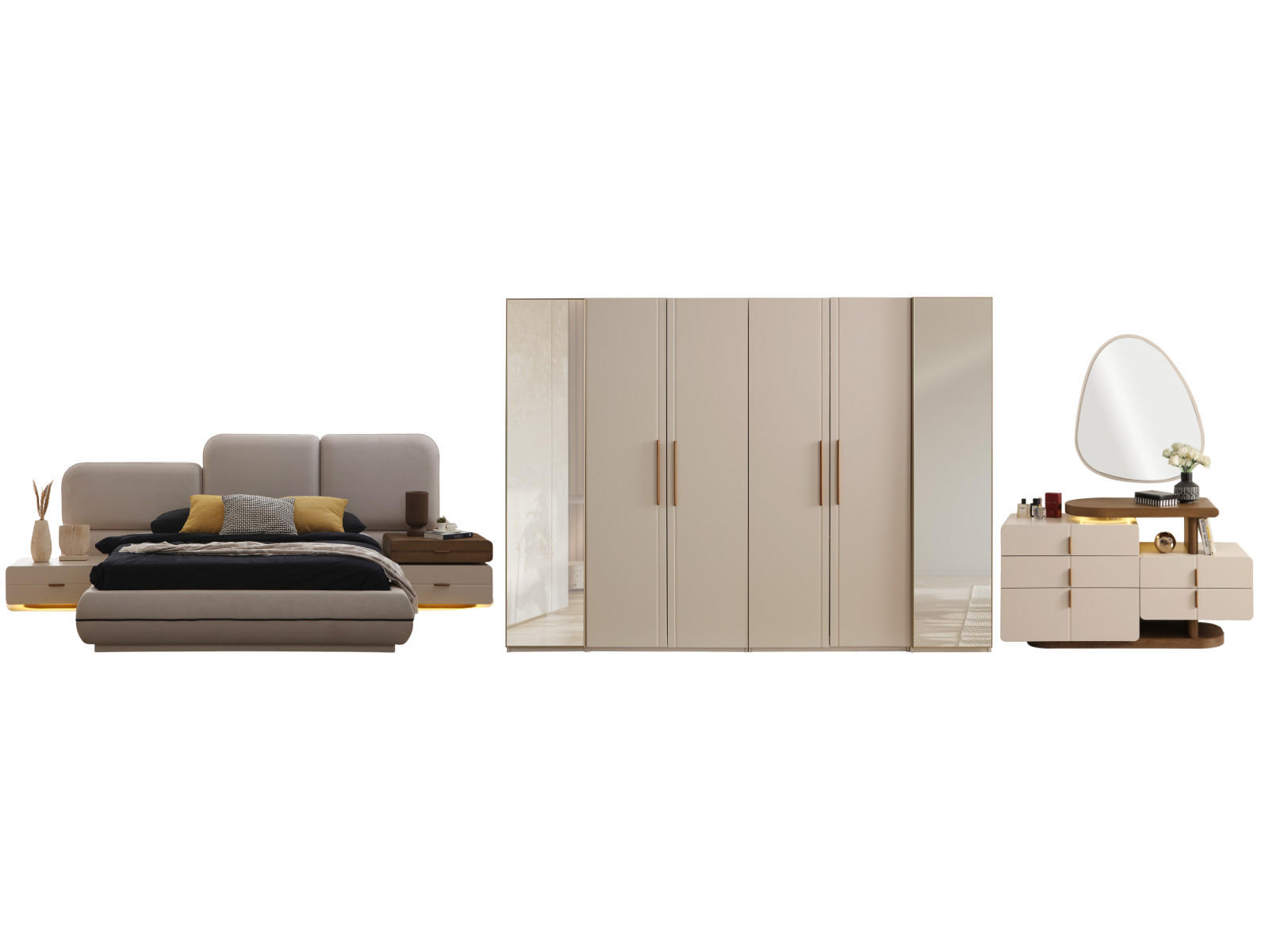 BETTANLAGE Valenica Typ-1 Bett mit Kopfteil 2 Nachttischen Kommode und Kleiderschrank - Beige, Holzwerkstoff (160/200cm)