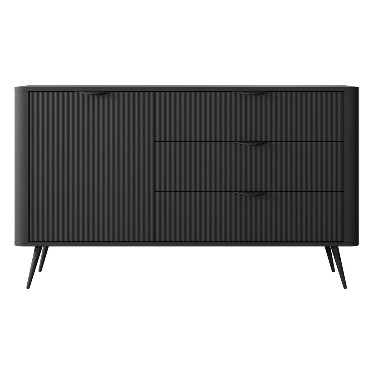 SIDEBOARD LEKNES KOM3 Reliefierte Fronten aus MDF-Platte Schwarz Schwarz - Schwarz, Glas/Holzwerkstoff (138/81/38cm) - Komodee