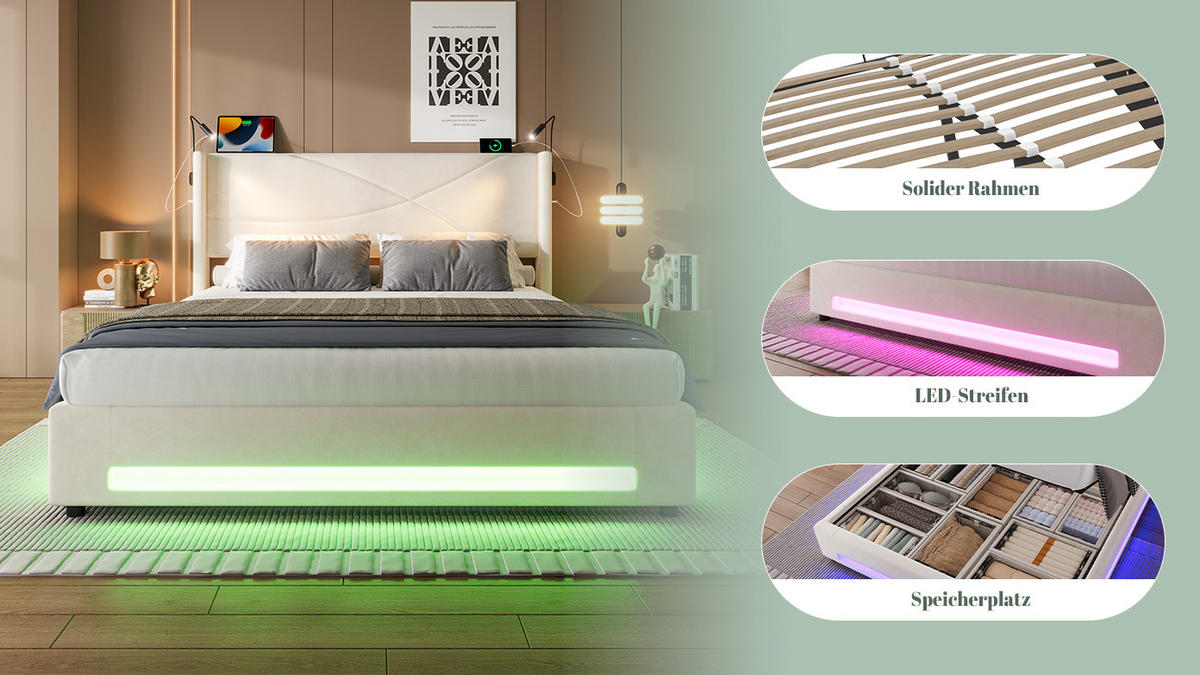 POLSTERBETT 140x200 cm LED USB Stauraum - Beige, Textil (140/200cm) - LEBENLANG