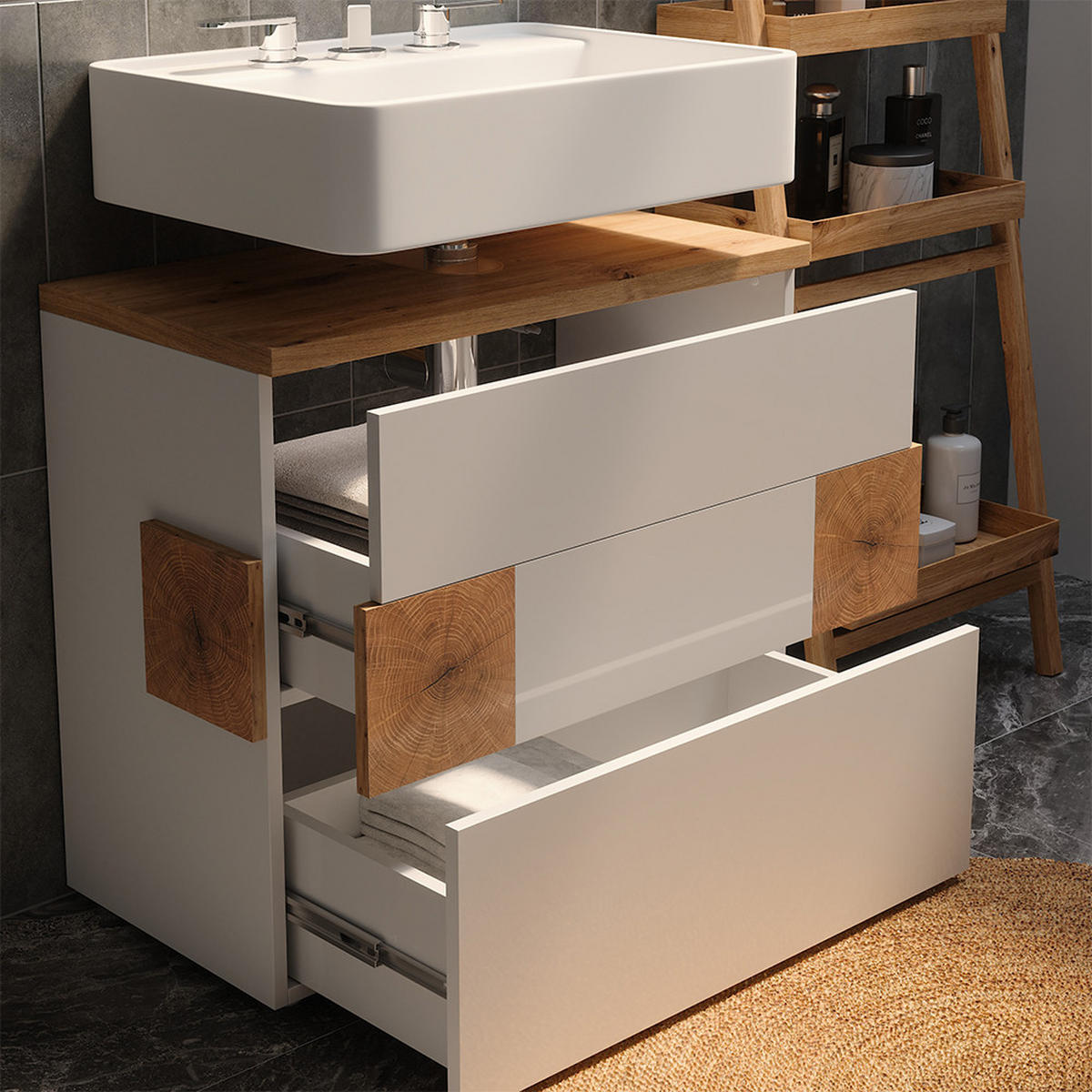 WASCHBECKENUNTERSCHRANK Eden Weiß 70 x 64.5 cm mit 2 Schubladen - Weiß/Eiche Artisan, Holzwerkstoff (70/64.5/37cm) - Vicco