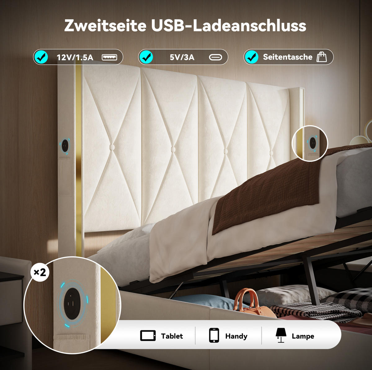 POLSTERBETT 160/200 cm mit USB, Type-C, LED und Bettkasten, Beige - Beige, Textil (160/200cm) - Redom