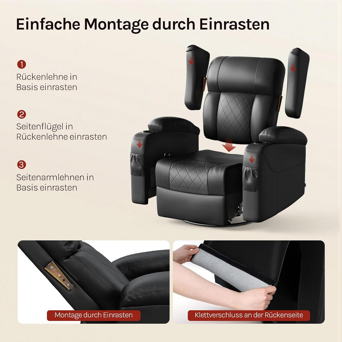 RELAXSESSEL mit Liegefunktion, drehbar, Kunstleder, Schwarz - Schwarz, Kunststoff (87/103.5/94.5cm) - Woltu