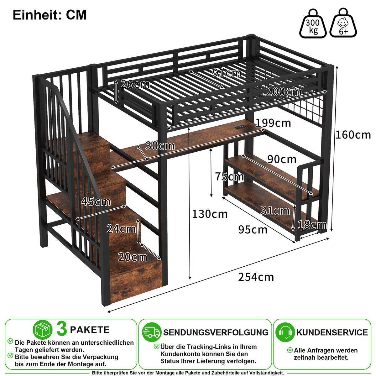 VYVÝŠENÁ POSTEL 90/200 cm v černé barvě s psacím stolem, LED osvětlením a USB - černá, kov/kompozitní dřevo (90/200cm) - CHICFURN