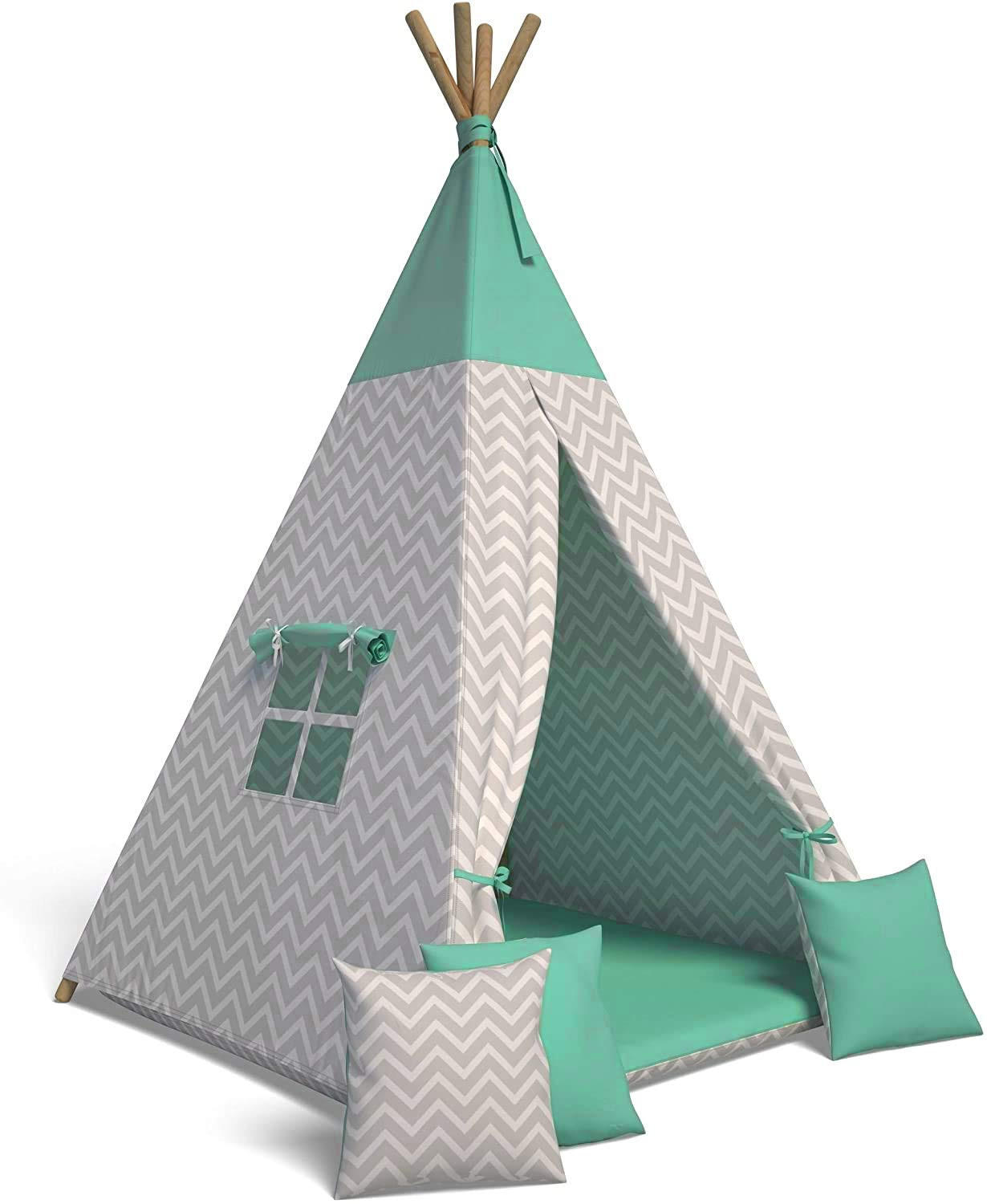 TIPI-ZELT 105 x 105 x 140 cm Zickzack grün mit weichen Kissen | Spielzelt für Kinderzimmer Indoor - Grün, Textil (105/105cm) - Best for Kids