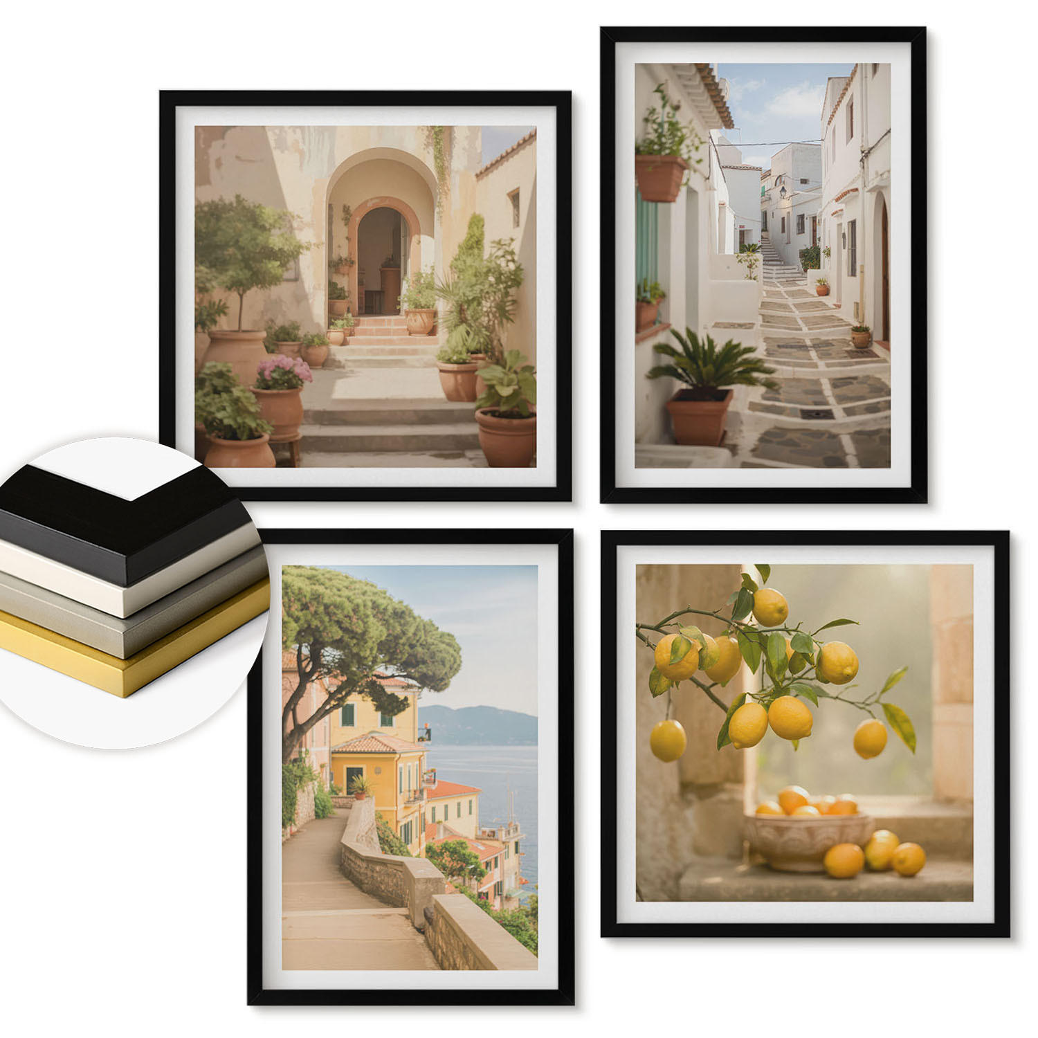 WANDBILDER 4er-Set - 50x50 cm & 40x60 cm Schwarzer Rahmen - Zitrusbaum im Fenster am Meer - Schwarz, Kunststoff (50/50cm) - ArtPrintCave