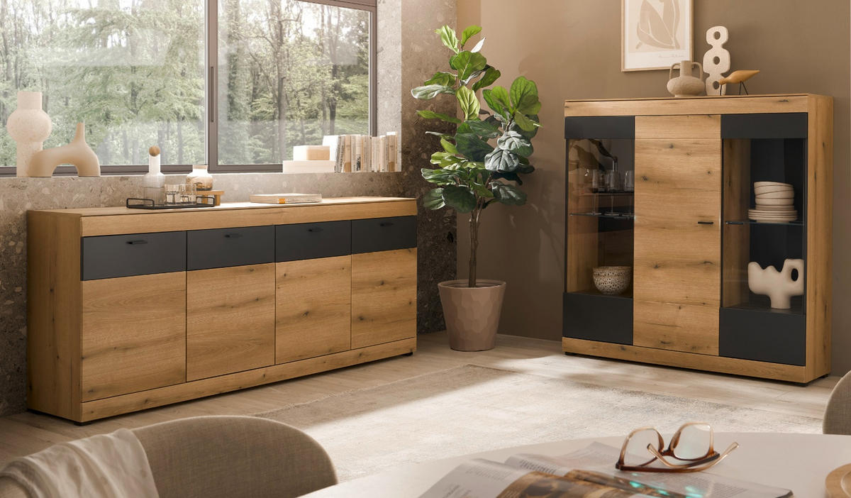 HIGHBOARD in Eiche, grau 140 x 141 cm, Vitrine mit Soft-Close - Kaschmir/Eichefarben, Glas/Holzwerkstoff (140/141/35cm) - Furn.Design