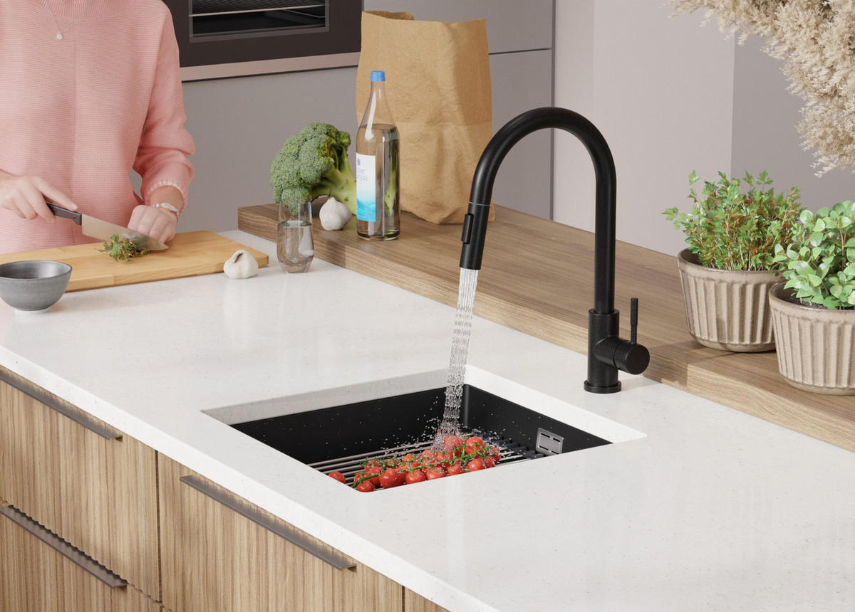 UNTERBAUSPÜLE GRANIT Praga, 2-er set Schwarz Metallic 46/47 cm 1 Becken + Ablauf-Set + Aufrollbare Abtropffläche ab 50er Unterschrank - Chromfarben/Schwarz Hochglanz, Kunststoff (46/20/47cm) - Primagran