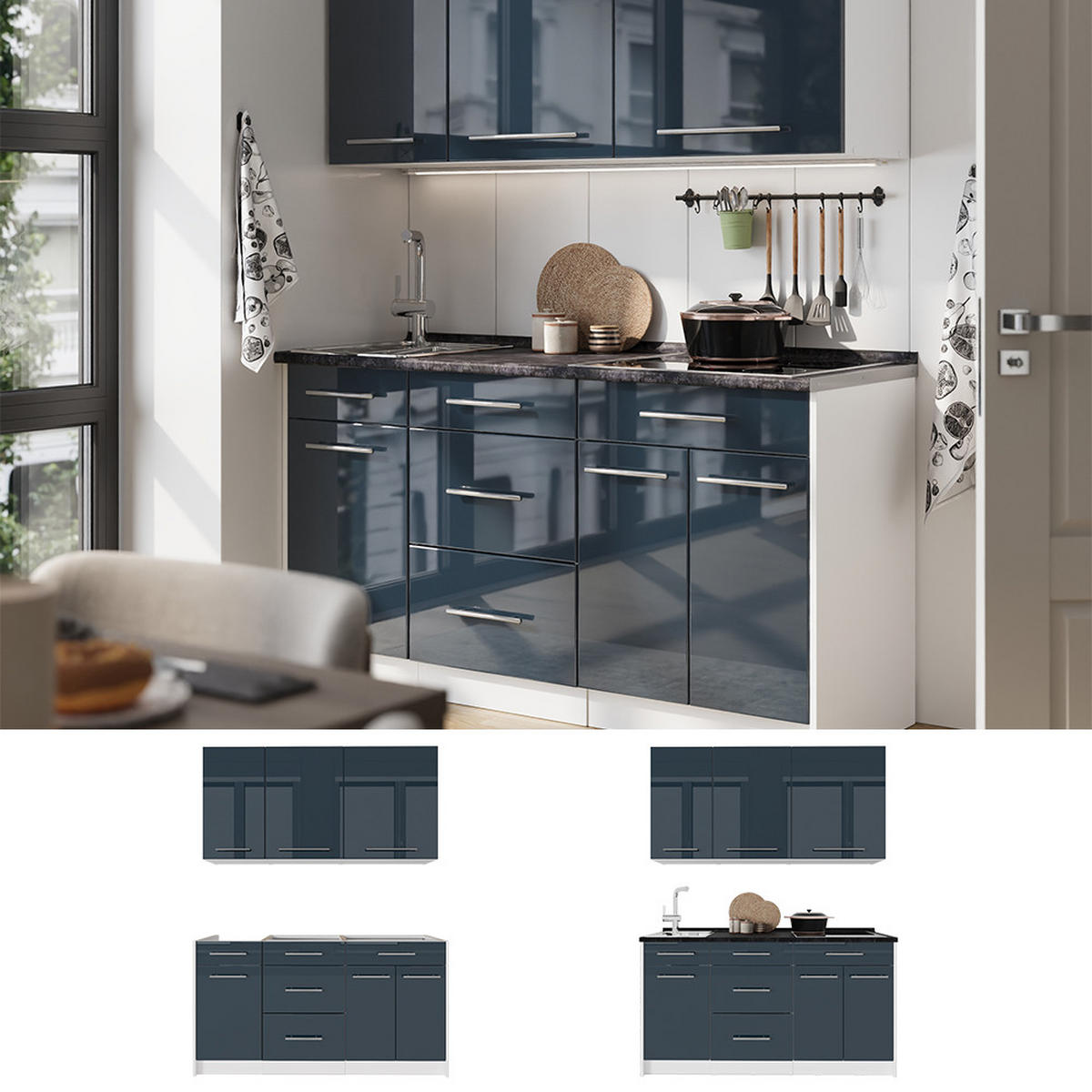 ENKELKÖK Fame-Line, Mörkblå högblank/Vit, 150 cm, AP Antracit - Vit/Mörkblå, Träbaserade material (150/82/60cm) - Vicco