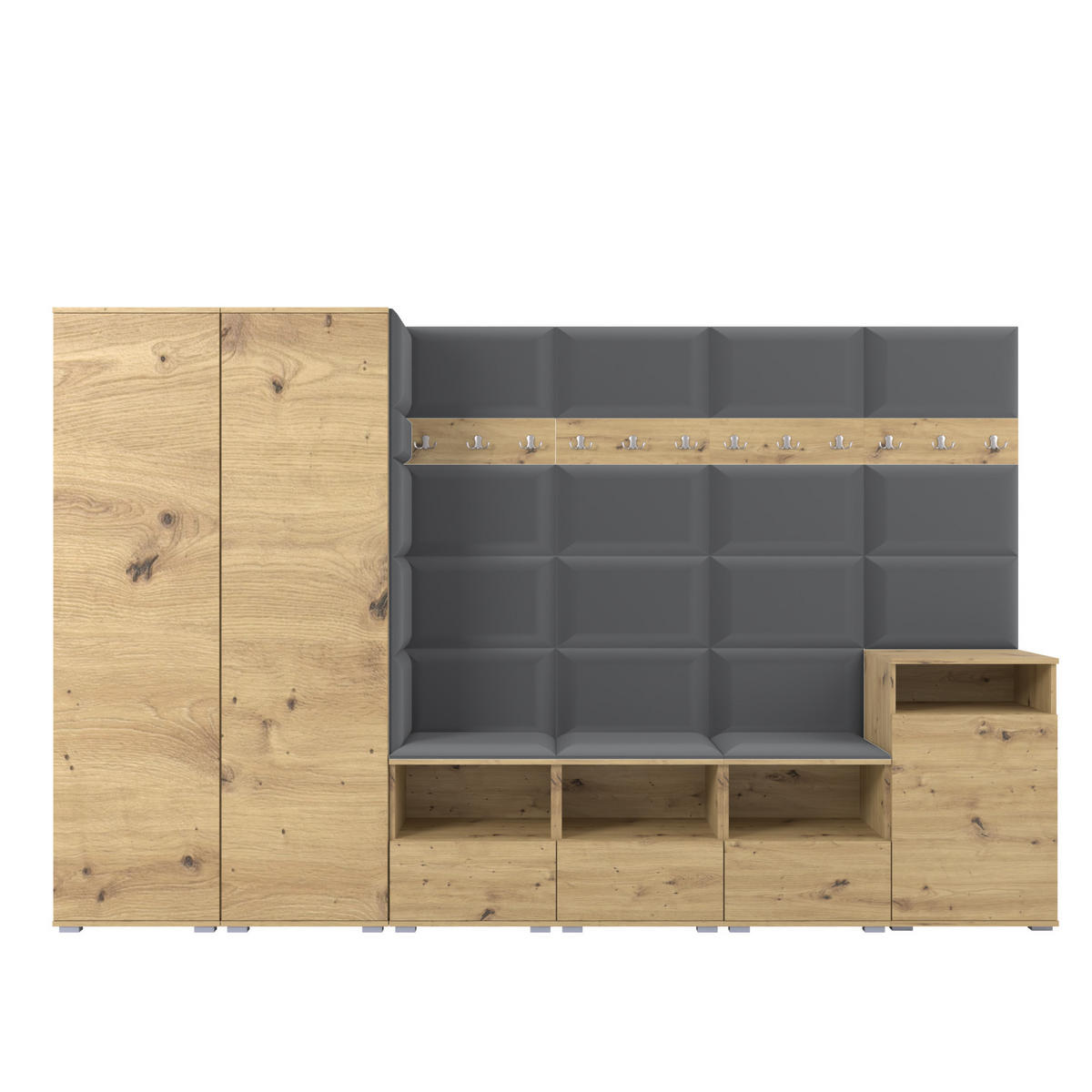 GARDEROBE NELA XII 300 cm (Modulare Flurmöbel Artisan Eiche mit Sitzpolster Dunkelgrau 15 Gigantisches Set) - Dunkelgrau/Silberfarben, Holz/Holzwerkstoff (300/187/40cm) - Ravio