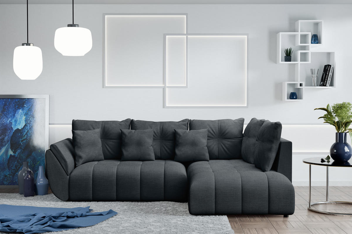 ECKSOFA L Form Kayseri Grau 266/190/86 cm – mit Bettkasten - Schwarz/Grau, Kunststoff/Textil (266/190cm) - AX Living