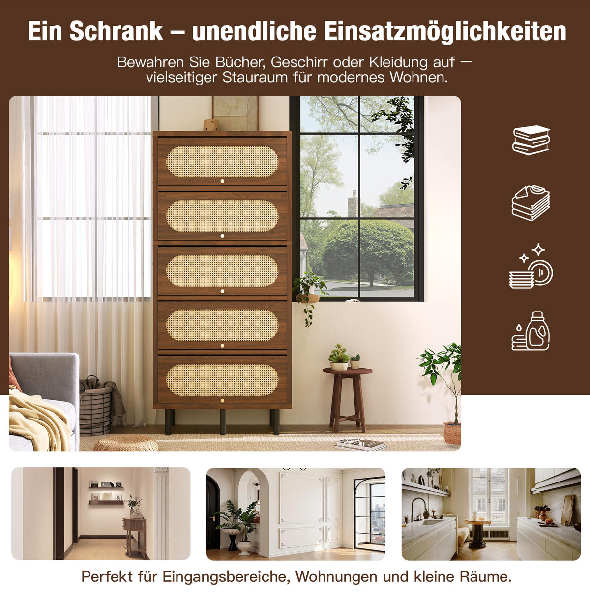 SIDEBOARD 80/40/163 cm Nussbaum aus Holz mit Rattan - Walnussfarben, Holzwerkstoff (40/163/80cm) - OKMYHOME
