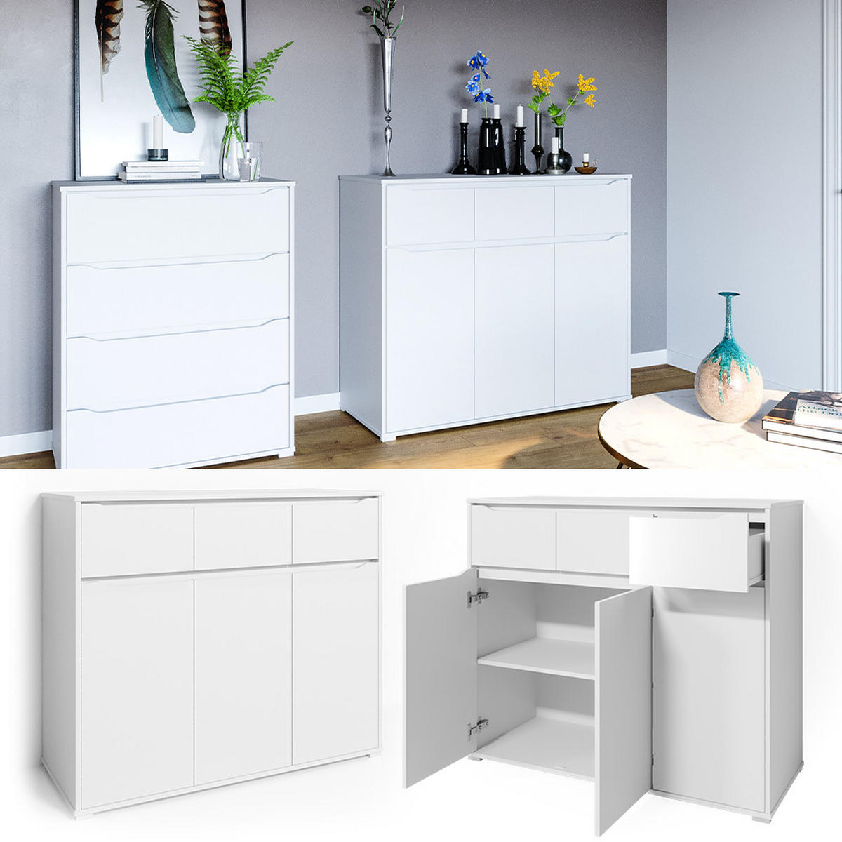 KOMMODE Ruben Weiß 120 x 101.6 cm mit Schubladen - Weiß, Holzwerkstoff (48/101.6/120cm) - Vicco