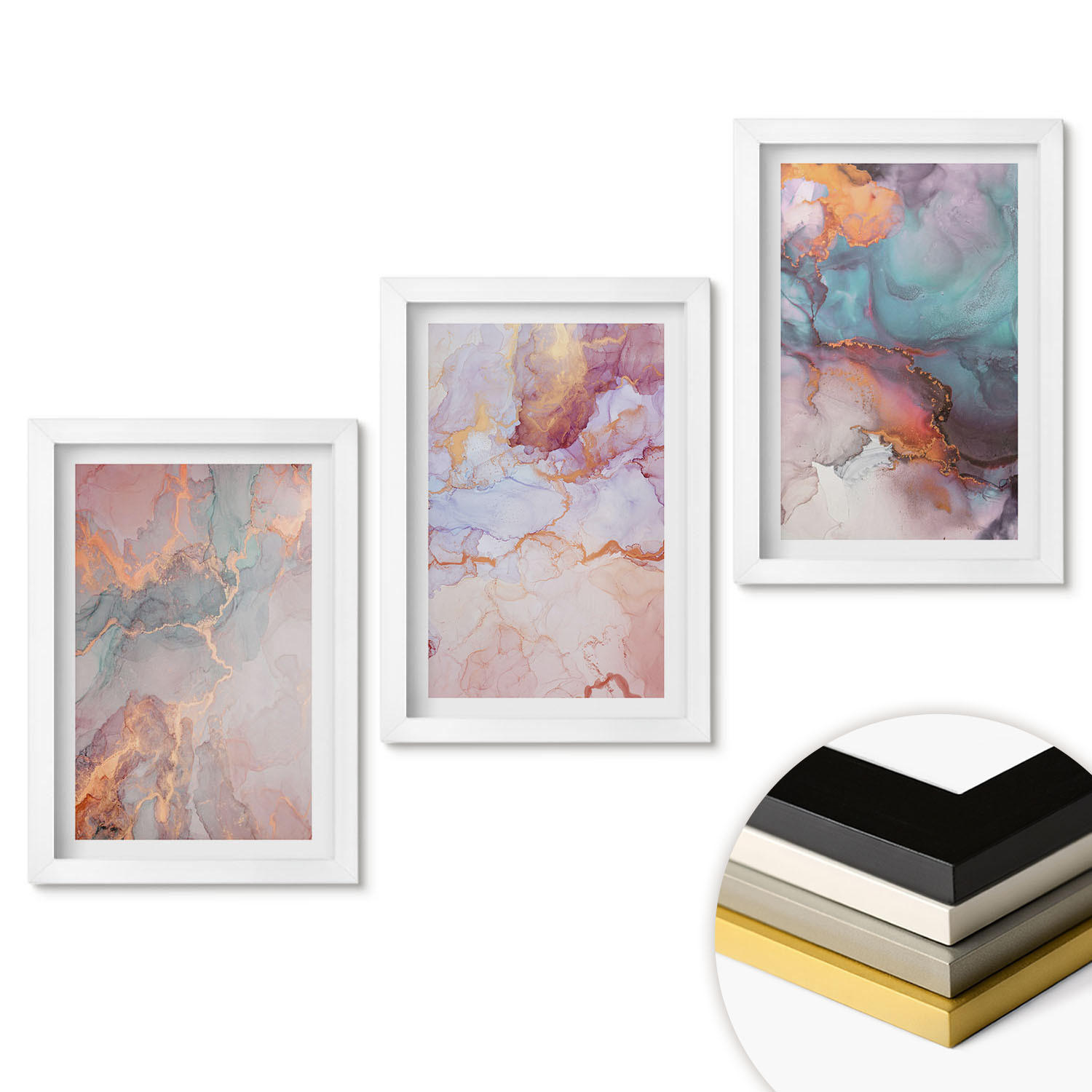 WANDBILDER 3er-Set - 20x30 cm Weißer Rahmen - Abstrakte Pastellmuster - Weiß, Kunststoff (20/30cm) - ArtPrintCave