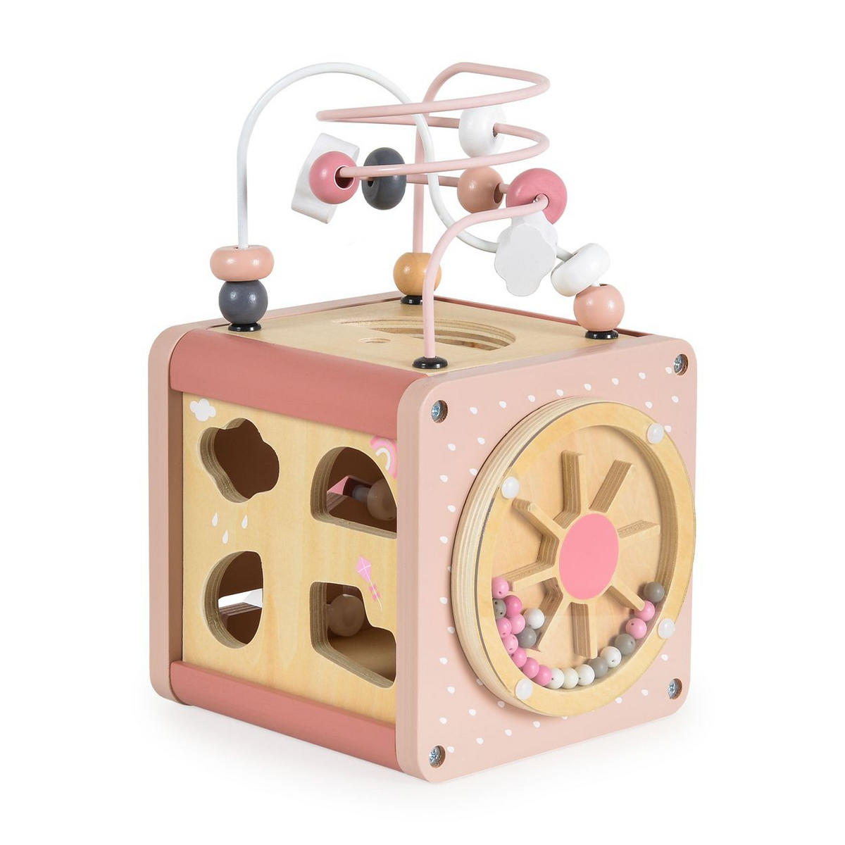 MOTORIKSPIELZEUG Aktivitätswürfel W11B316 rosa Holz, Sortierspiel, Xylophon, Labyrinth, Motorik, vier Spielseiten - Rosa, Holz (15/25/15cm) - Moni