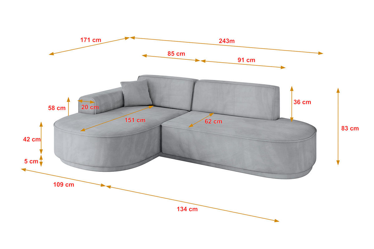 ECKSOFA Ottomane Links MARI-L1-v3 - 243x171x83 cm Grau Velours - Schwarz/Grau, Holzwerkstoff/Kunststoff (243/171cm) - ALTDECOR