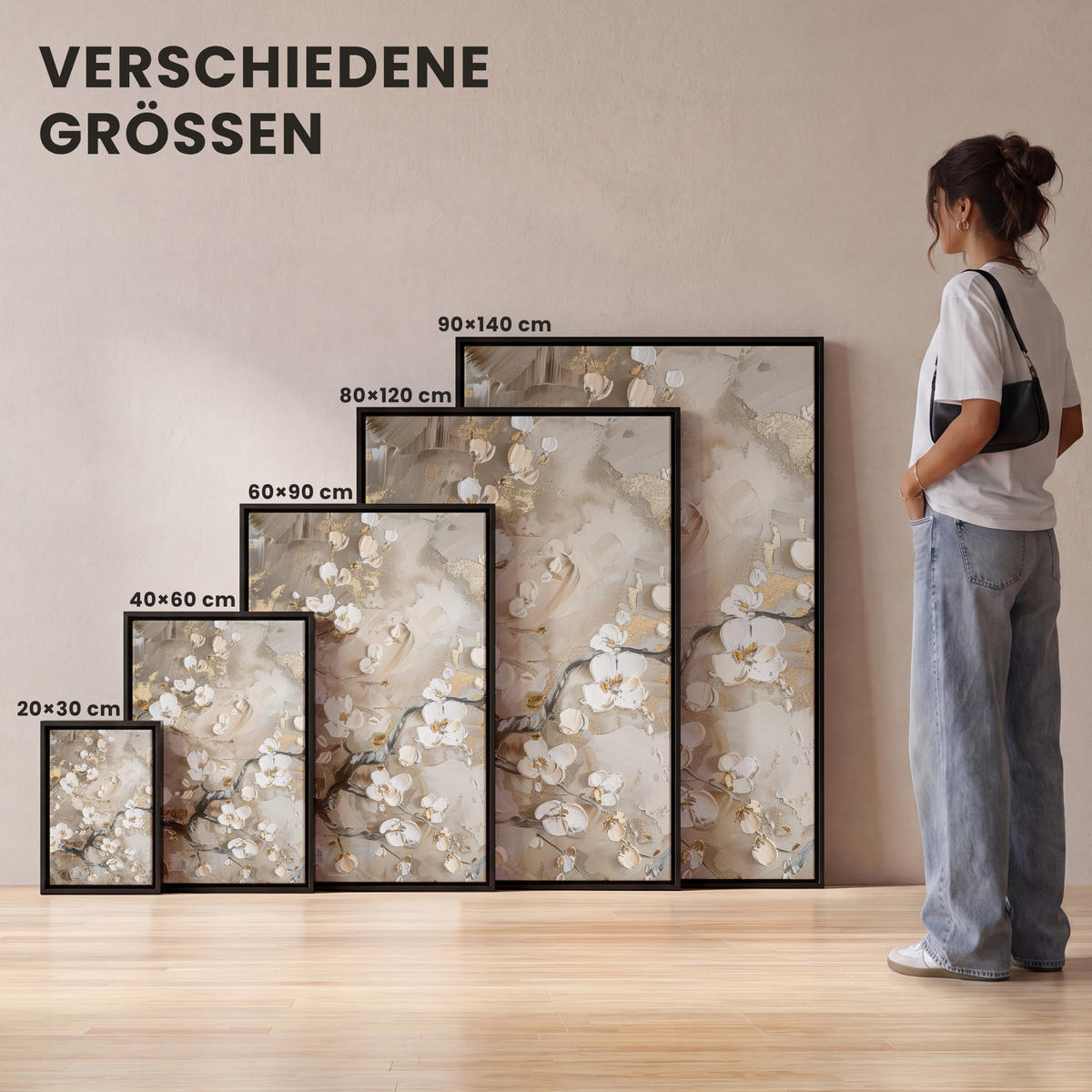 LEINWAND Bilder mit Rahmen - Blumen - Weiß - Gold - Beige - Luxus - 100x150 - Greige, Textil (100/150cm) - MuchoWow