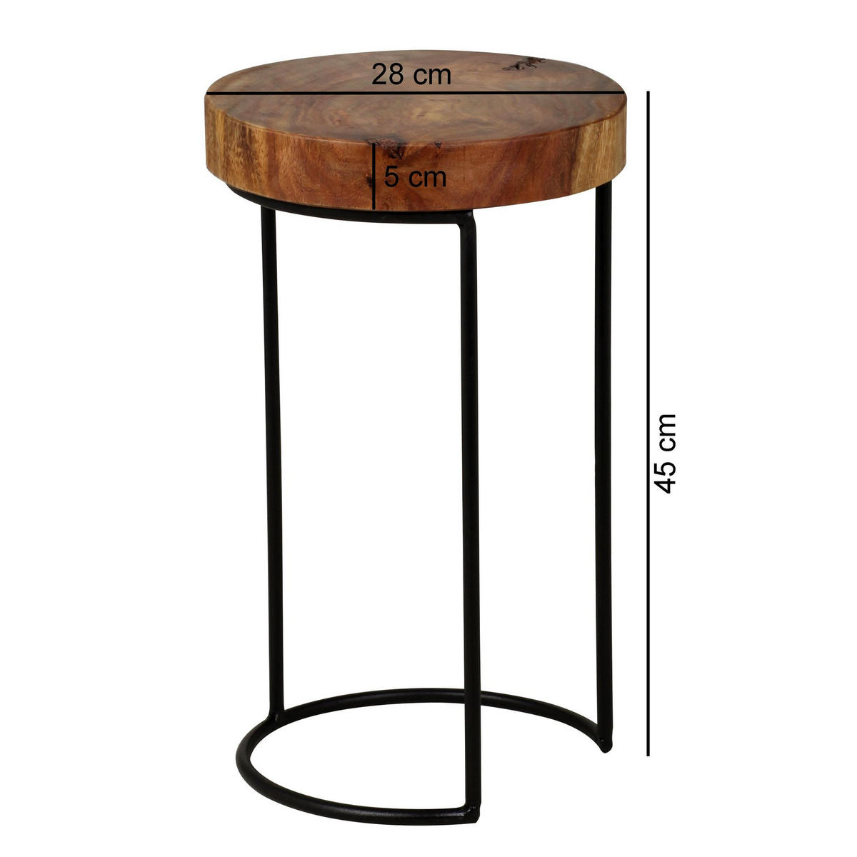 BEISTELLTISCH Massivholz Metallgestell Baumstammplatte Landhausstil INDI, Braun 28x28x45 cm - Schwarz/Braun, Holz/Metall (28/28/45cm) - KADIMA DESIGN